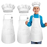 3 Set Grembiule Bambini e Cappello da Cuoco, Bianca Grembiuli da Chef, Regolabile Cappello da Cucina per Bambini, Grembiule da ...