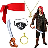 Accessori Costume Pirata,Accessori Costume da Pirata,Accessori per Costumi Includere Bandana Pirata,Benda sull'occhio,Pirata Collana,Orecchino d'oro,Coltello gonfiabile.Adatto a Halloween,Carnevale