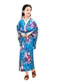 ACVIP Bambina ragazza peonie fiori stampa Kimono con cintura Obi, cosplay Yukata, Blu, altezza 120/130 cm