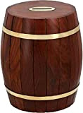 Ajuny Salvadanaio a forma di botte in legno artigianale con accenti in ottone, dimensioni 17 x 15 cm
