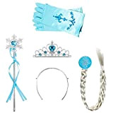 Amaoma 4 Pezzi Vestito Elsa Frozen Bambina Accessori Set da Principessa dei Ghiacci Corona Principessa Bacchetta Magica Treccia a Clip ...