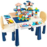 AMOSTING Tavolo regolabile in altezza per bambini e set di 2 sedie, include 158 blocchi di grandi dimensioni compatibili con ...