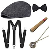 ArtiDeco - Set di accessori anni ‘20 / Per costume da uomo, con cappello Panama da gangster, bretelle elastiche regolabili, ...