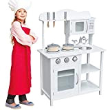 BAKAJI Cucina in Legno Giocattolo per Bambini con Lavello in Acciaio 2 Fornelli Forno Apribile e Microonde Chiusure Magnetiche Pentole ...