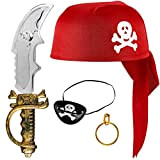 BALINCO Set pirata con 4 pezzi: cappello a pirata rosso + sciabola + benda per gli occhi + orecchino d'oro ...