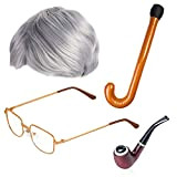 Beefunny Old Man Fancy Dress Accessory Set Grandpa Costume Accessories Inflatable Cane Glasses Pipe Old Man Wigs Party (A)