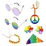 BEIIEB 7 pezzi Set di accessori per abbigliamento hippie, collana della pace, occhiali da sole, occhiali arcobaleno, corona di crisantemo, ...