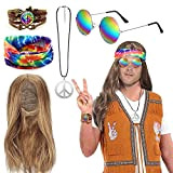 BIQIQI Set di Costumi per Hippie Parrucca Accessori per Hippie Segno di Pace Collana e Orecchini Bracciale Hippie Fascia Occhiali ...