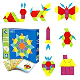Blocchi di Legno Classico educativo Giocattoli Montessori Set di Tangram per Bambini con 130 Pezzi di Forma Geometrica e 24 ...