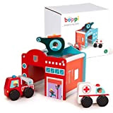 Boppi - Set da gioco in legno con motore di fuoco e elicottero, per edifici di emergenza