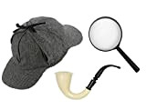 CA SE FETE - Costume detective inglese I cappello Deerstalker Sherlock grigio I Pipe I Lente d'ingrandimento Nero 17 cm ...