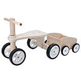 Carrello triciclo con rimorchio in legno per bambini, con ruote in gomma
