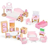 Casa delle bambole mobili e accessori in legno, 22 pezzi, rosa, set da regalare per ragazze dai 3 anni in ...