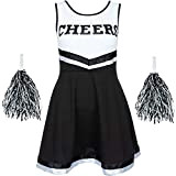 Cheerleader - Costume da cheerleader, per feste di Halloween, con pon (nero, 10-12 anni)