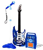 Chitarra blu - microfono - treppiedi - amplificatore