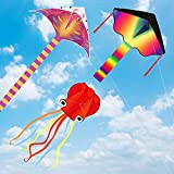 Confezione da 3 kites-Large Rainbow Delta Kite Devil Fish Kite Red Mollusc Octopus con coda lunga colorata per bambini adulti ...