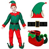Costume da elfo per bambini – Vestito da elfi con top verde, pantaloni rossi, cappello da elfo con orecchie attaccate, ...