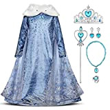 Costume da principessa Elsa Frozen per bambine, costume da carnevale con stampa fiocchi di neve Blu + accessori 5-6 Anni