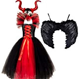 Costume da principessa malefica per ragazze per bambini, vestito in tulle lavorato a mano, con corno e ali, strega, Halloween, ...