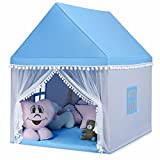 COSTWAY Tenda da Gioco Casetta per Bambini, Castello Giocattolo Tenda, Legno Cotone, 120x105x140 cm (Azzurro)