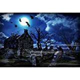CSFOTO - Fondale per Halloween, 1,5 x 1 m, motivo: cimitero e cimitero, con fantasma, tomba, corvo, chiaro di luna, ...