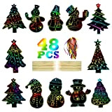 Ctxtqtdt 48 Pezzi Lavoretti Natale Bambini, Scratch Art Bambini, Natalizio Arcobaleno Scratch Paper con Penne in bambù e Nastro da ...