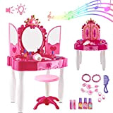 deAO Centro di Bellezza per Bambini Set Tavolino di Trucco Giocattolo con Specchio, Sgabello e Accessori Inclusi, Luci e Suoni