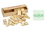 Domino in legno con 28 pietre, istruzioni per il gioco, scatola in legno e adesivo portafortuna