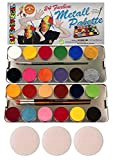 Eulenspiegel 224007 - Trucco acqua professionale, 24 colori, 3 pennelli professionali, 3 spugne, tavolozza in metallo