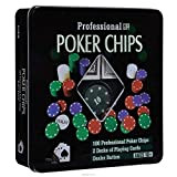 Extrela - Set da poker con scatola in metallo, 100 fiches da poker, 2 mazzi di carte, fiche dealer, fiche ...