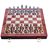 FBITE Chess Large Metal Chess Set Portable Wooden Box Storage Folding Chess Set with Heavy Alloy Chess Pieces Chess Set ...