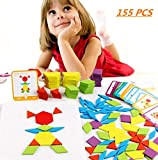 FISHSHOP Blocchi di Legno Classico educativo Giocattoli Montessori Set di Tangram per Bambini con 155 Pezzi di Forma Geometrica e ...