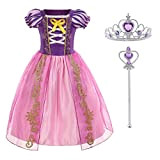Foierp Costume da Principessa Rapunzel Vestito per Bambina, Vestito Festa di Compleanno Halloween, Manica a Sbuffo, 2-10 Anni