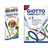 Giotto 256900 Stilnovo Bicolor Astuccio 12 Pastelli Colorati & Turbo Glitter astuccio da 8 pennarelli con inchiostro glitterato, Modelli/Colori Assortiti, ...