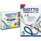 Giotto Turbo Maxi Est. 24 Uds. & Turbo Glitter Astuccio Da 8 Pennarelli Con Inchiostro Glitterato, Modelli/Colori Assortiti, 1 Pezzo
