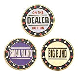 GOGO set di 3 Bottoni da Poker in metallo con scritta in inglese: "Small Blind", "Big Blind" e "Dealer"