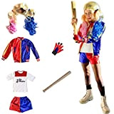 Harley Quinn Costume, Pantaloncini + Felpa + T-Shirt + Guanto + Mazza da baseball + Parrucca, 120-140CM Halloween, Carnevale, Cosplay ...