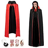 Herefun Mantello da Vampiro, 150 cm Vampiro Collo Alto Mantello, Halloween Nero Rosso Reversibile Mantello, Costume da Vampiro con Denti, ...