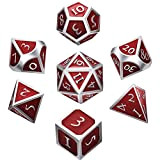 Hestya 7 Pieces Metal Dices Set with Storage Bag And Enamel for Dungeons And Dragons (Argento Bordo Rosso)