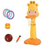 homcom Set Canestro Basket Forma a Giraffa per Bambini con Bersaglio, Anelli e Accessori, Altezza Regolabile 125-155cm, Giallo e Arancione