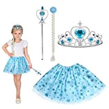 HONMOK 4 Pezzi Vestito Elsa Frozen per Bambini,Costume da Principessa Elsa con Blu Gonna Tutu e Treccia e Corona e ...