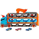 Hot Wheels - Camion Trasportatore 2 in 1, Trasportatore e Pista con 3 Auto in Scala 1:64 per Bambini da ...