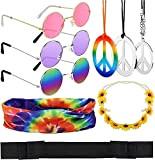 Hysagtek Set di 9 pezzi per costume hippie, accessorio per vestire hippie, include occhiali da sole hippie, collana con segno ...