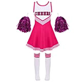 iEFiEL Costume per Bambini Cheerleaders Rosso Uniforme con Abito Senza Maniche + Pompon e Calze Vestito da Carnevale per Ragazza ...
