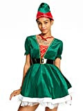 IKALI Costume da Elfo di Babbo Natale Donne Natale Vestito Elegante Abito Verde Adulto Regalo di Festa Collana con Cappello ...