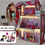 Infantastic® XXXL Casa delle Bambole in Legno con Strisce LED - 121x80x41 cm, 3 Livelli di Gioco, 12 Accessori e ...
