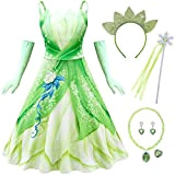 IWFREE Bambina Vestito da Principessa Tiana Ragazza Cosplay Principessa Rana Abito Maxi Ballerina Verde con Guanti e Accessori per Halloween ...