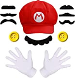 iZoeL Super Mario Luigi Cappello, Baffi Finti 1 Guanti 2 Bottoni Decorazione, Per Carnevale e Cosplay