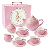 JewelKeeper - Servizio da tè per Bambine in Porcellana con Valigetta Giocattolo, 13 Pezzi - Disegno Pois Rosa