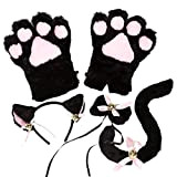 jojofuny 5Pcs Cat Cosplay Costume Gattino Coda Orecchie Collare Zampe Guanti Set per Le Ragazze E La Donna Nero
